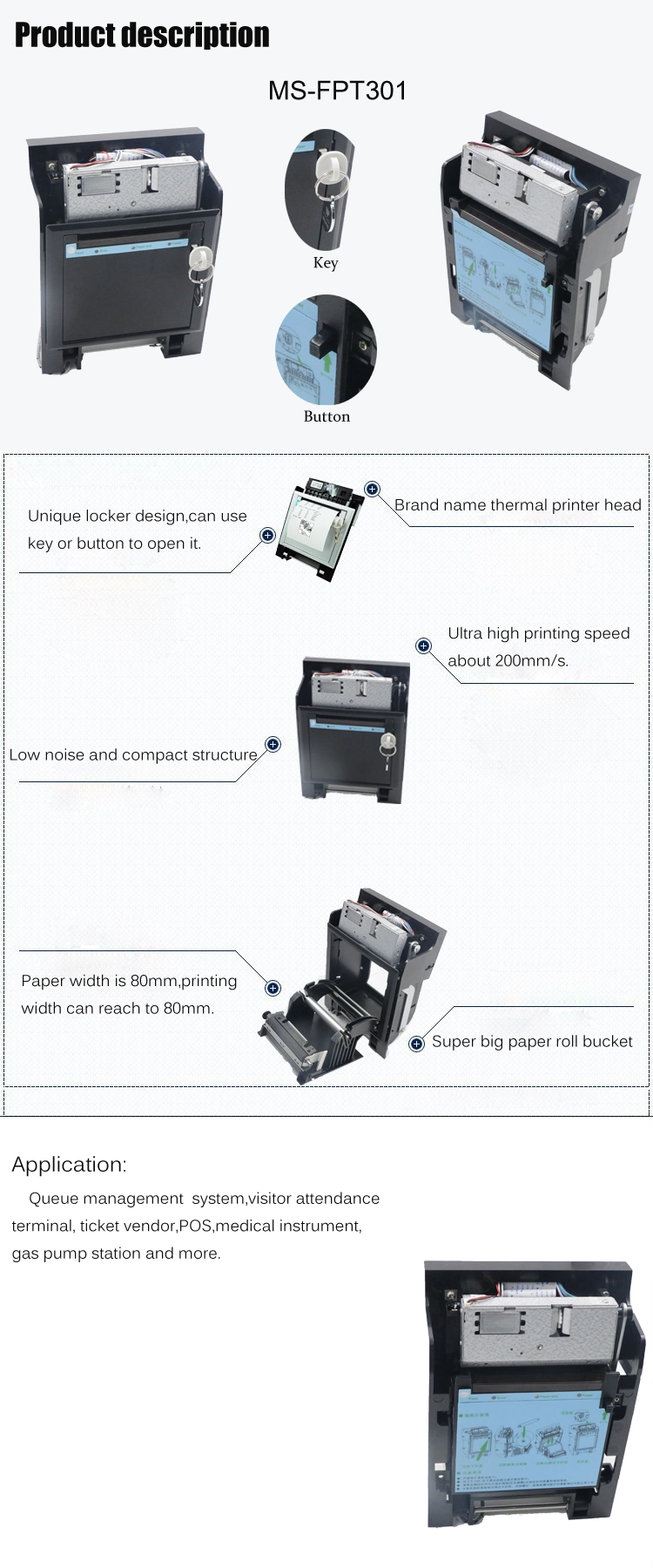 80mm Kiosk Thermal Panel Receipt Printer with USB/Serial Ports for Kiosk System Terminal