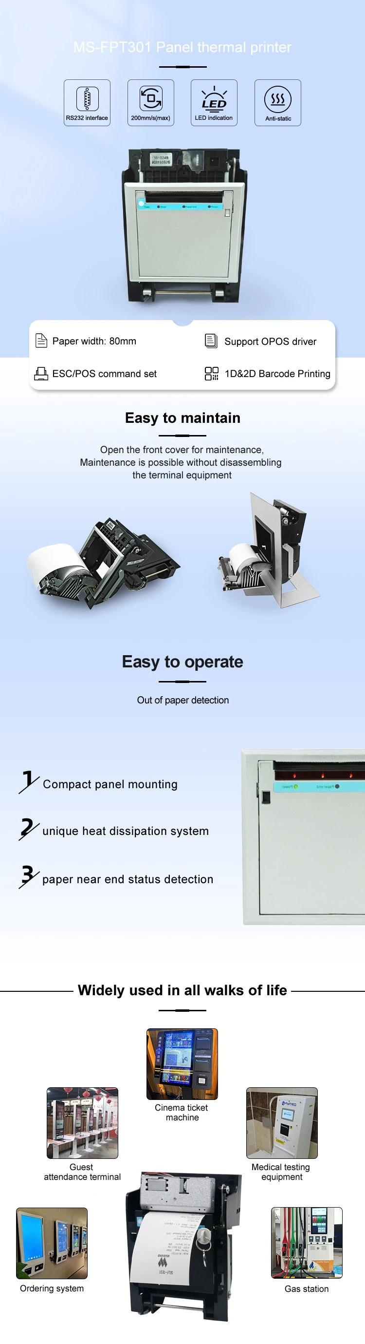 80mm Embedded Auto Cutter Thermal Panel Printer Kiosk Ticket Printer