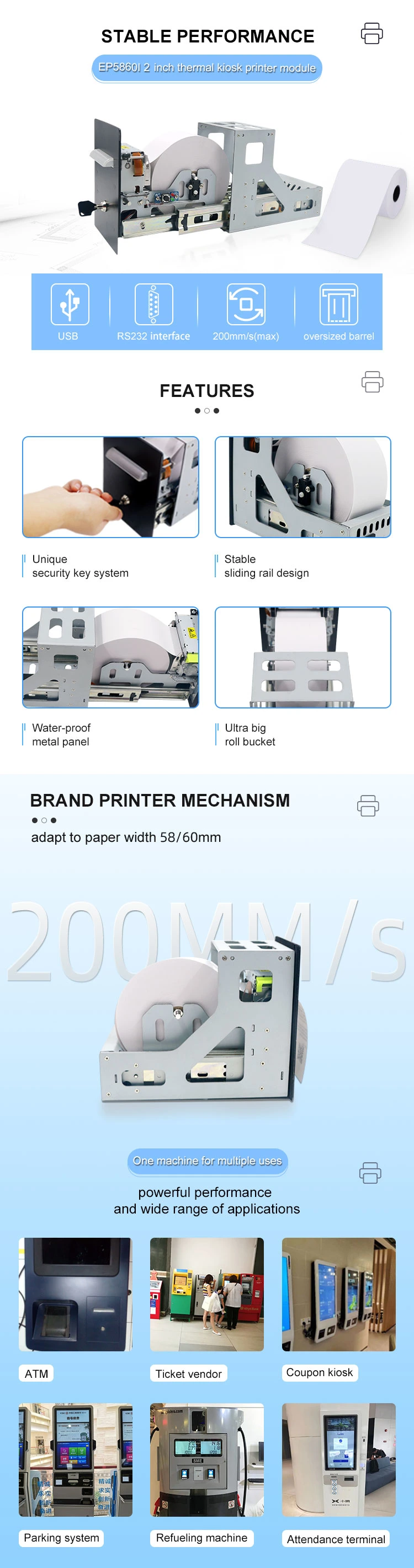 58mm Embedded Metal Panel Thermal Printer Kiosk Thermal Ticket Printer for Parking System